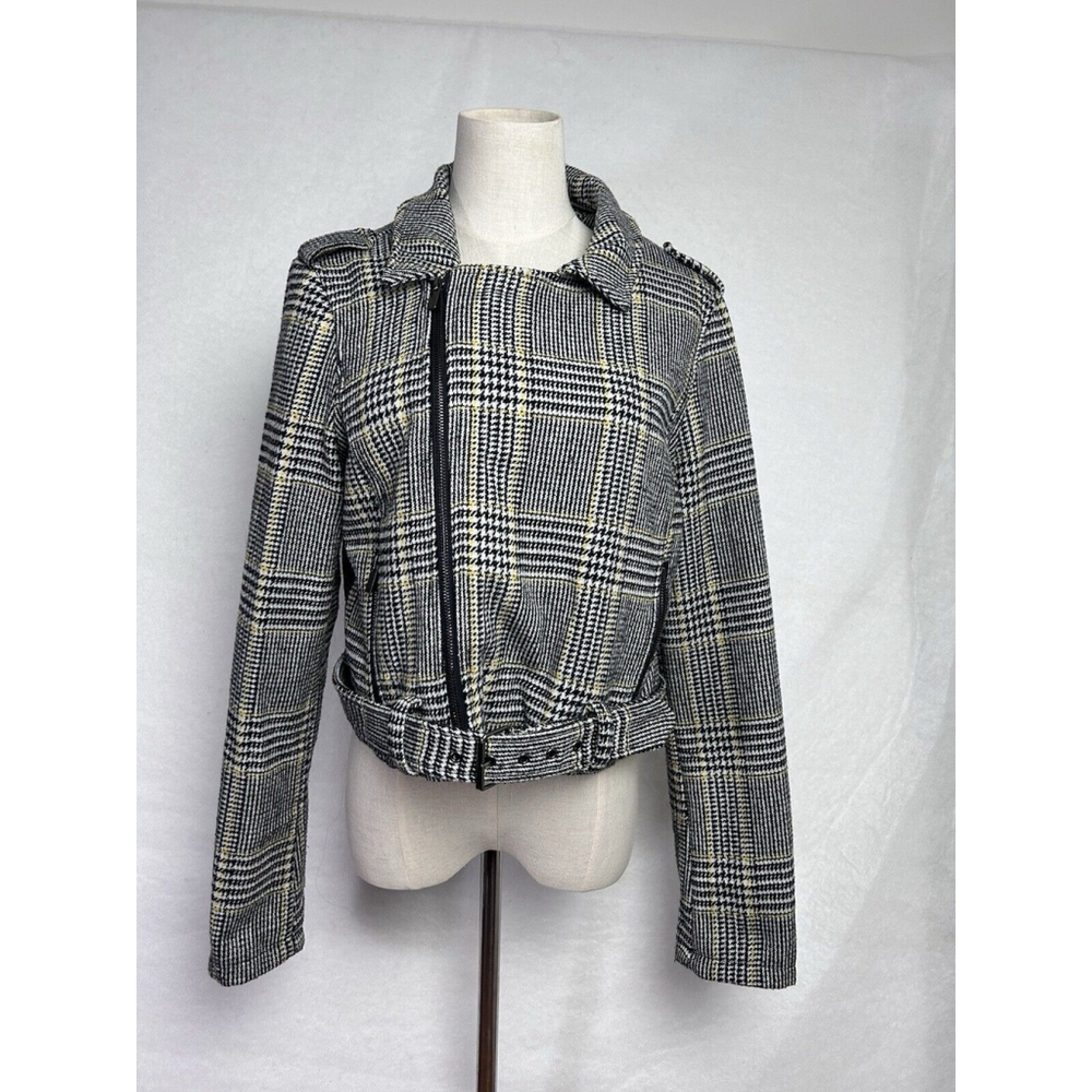 Stoosh LG Plaid Zip Up Belted Blazer Jacket Preppy Chic Academia Coprcore Retro